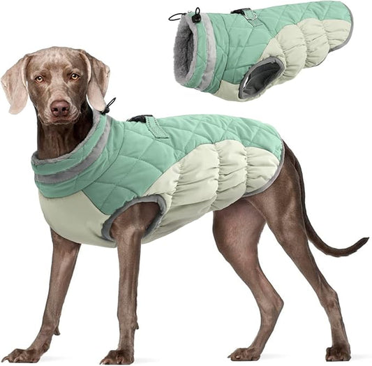 FUAMEY Dog Winter Jacket,Dog Cold Weather Coats Paded Dog Vest with Harness Built in Pet Warm Clothes Dog Apparel with Back Zipper Dog Water Resistant Coat for Small Medium Large Dogs Mint Green XXXL - PAWPICO
