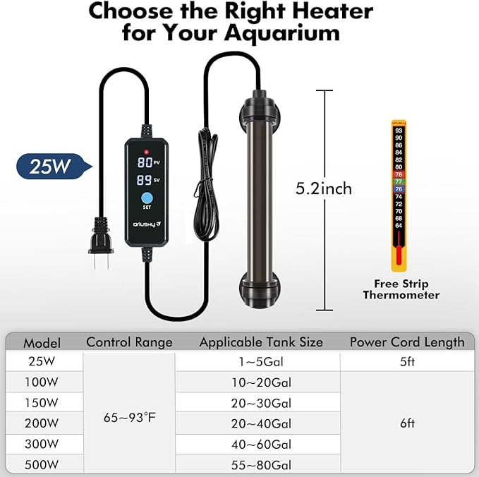 Orlushy 25W Submersible Mini Fish Tank Heater, Adjustable Aquarium Heater with Digital Display External Controller, Overheat Protection and Free Thermometer for 1-5 Gallon Freshwater & Saltwater Tank Orlushy