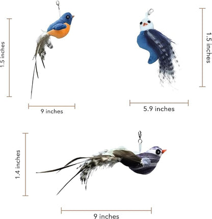Chirping Bird Replacement Heads for Cat Toys - Set of 3 - Realistic Calling Bird Sounds, Vibrant Feather Designs, Easy Clip-On for Endless Fun - PAWPICO