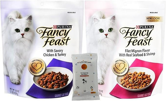Aurora Pet Variety Pack (2) FF Gourmet Dry Cat Food (Chicken and Turkey, Filet Mignon) 16-oz Bags with AuroraPet Wipes - PAWPICO