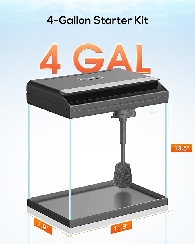 PONDON 4 Gallon Fish Tank with Detachable Lid, Low-Iron Glass Aquarium Starter Kit with LED Light, Beginner-Friendly Betta Aquarium with Removable Filtration PONDON