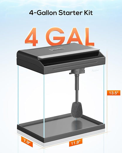 PONDON 4 Gallon Fish Tank with Detachable Lid, Low-Iron Glass Aquarium Starter Kit with LED Light, Beginner-Friendly Betta Aquarium with Removable Filtration PONDON