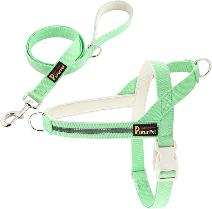 Plutus Pet Cotton Dog Harness and Leash Set, Reflective and Soft Padded, Quick Fit Vest Harness, for Small, Medium and Large Dogs, Light Green, L PLUTUSPET