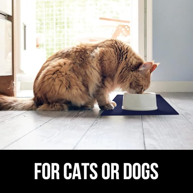 Gorilla Grip 100% Waterproof Raised Edge BPA Free Silicone Pet Feeding Mat, Dog Cat Food Mats Contain Spills Protects Floors, Placemats for Cats and Dogs Water Bowl, Pets Accessories 18.5x11.5 Navy - PAWPICO