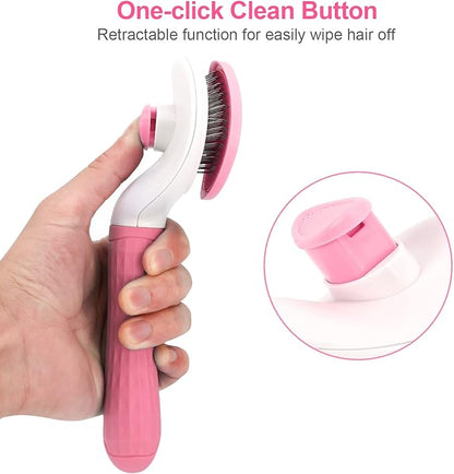 Depets Self Cleaning Slicker Brush, Dog Cat Bunny Pet Grooming Shedding Brush - Easy to Remove Loose Undercoat, Pet Massaging Tool Suitable for Pets with Long or Short Hair Pink - PAWPICO