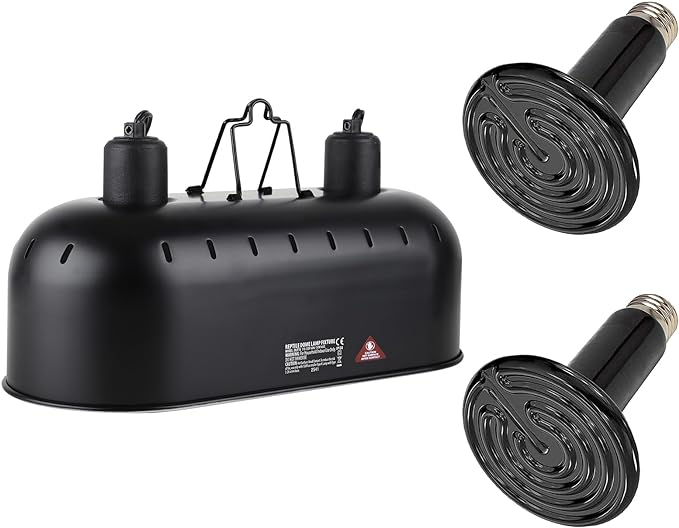 15inch Dual Reptile Light Fixture, Max 150W Reptile Heat Lamp Fixture with 2PCS 150W Ceramic Heat Emitter, Double Dome UVB Reptile Light Fixture for Reptile Terrarium and Tortoise Habitat DXOPHIEX