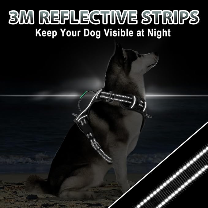 BARKBAY No Pull Dog Harness 3 Buckles Large Reflective Dog Harness with Front Clip and Easy Control Handle for Walking Training Running with ID tag Pocket(Black,L) BARKBAY
