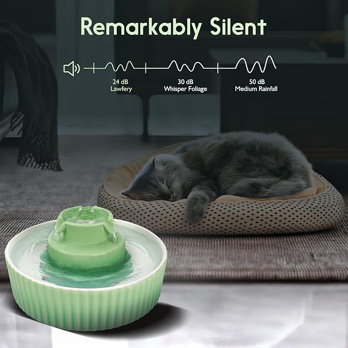 Ceramic Cat Water Fountain, 2.1L/71oz Cat Fountain with 3 Carbon Filters and 2 Water Pumps, Cupcake Pet Water Fountain for Cats and Dogs (Green) - PAWPICO
