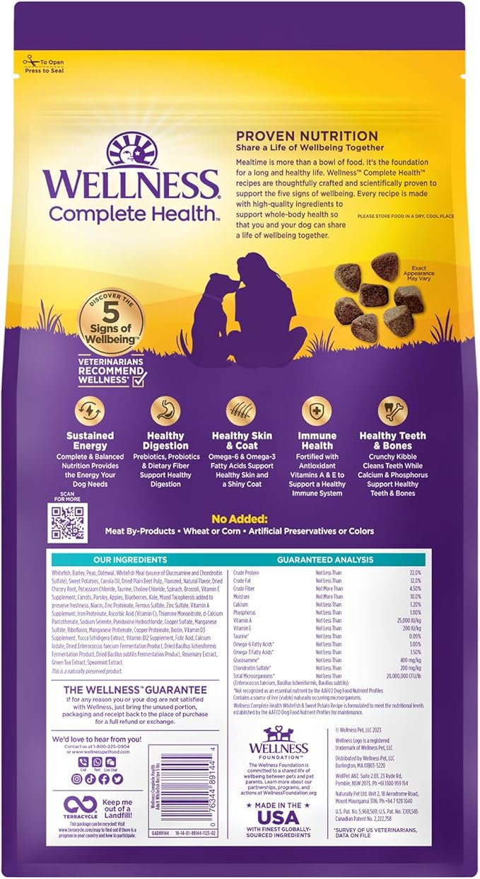 Wellness Complete Health Dry Dog Food with Grains, Natural Ingredients, Made in USA with Real Meat, All Breeds, For Adult Dogs (Whitefish & Sweet Potato, 5-Pound Bag) - PAWPICO