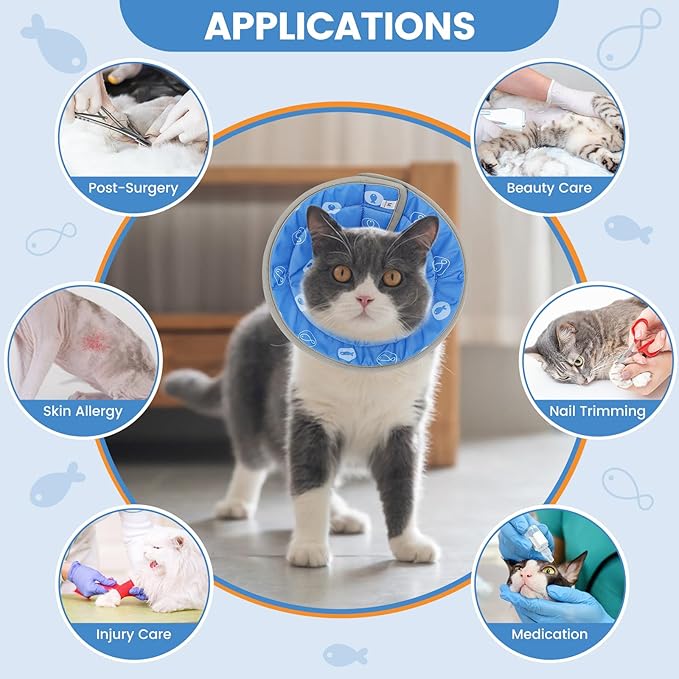 Cat Cone Collar Soft, Cat Cones to Stop Licking, Adjustable Cat Cone Water Resistant, Foldable, Adjustable, Lightweight (Blue Fish, Small) IDOGCHEW