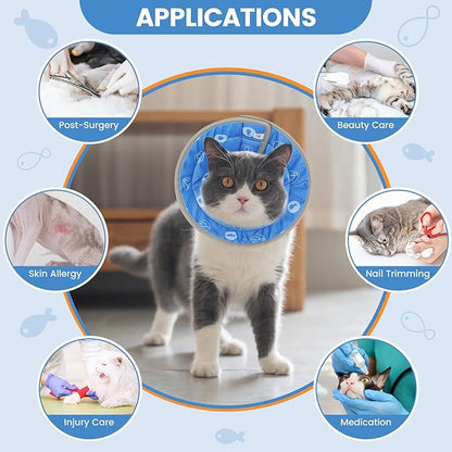 Cat Cone Collar Soft, Cat Cones to Stop Licking, Adjustable Cat Cone Water Resistant, Foldable, Adjustable, Lightweight (Blue Fish, Small) IDOGCHEW