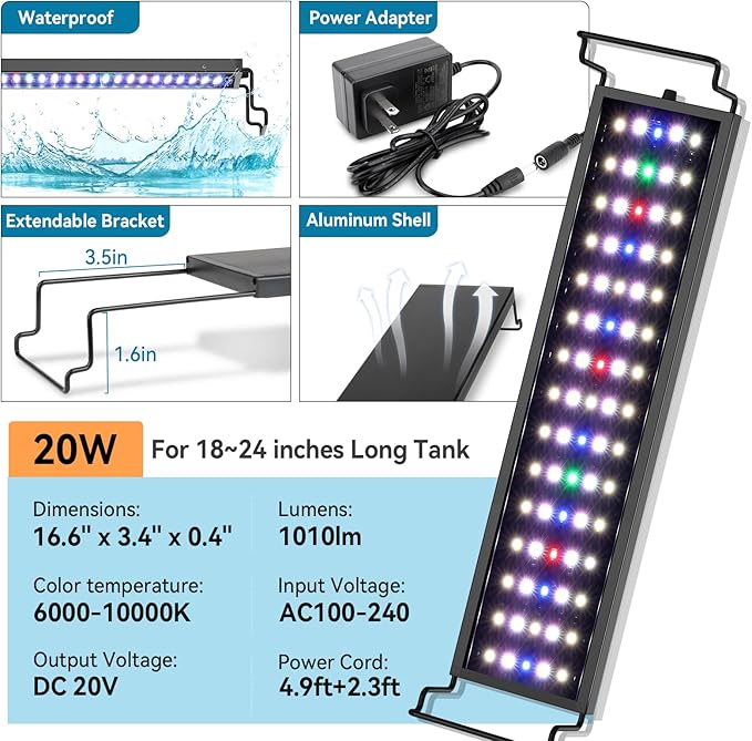 hygger Aquarium LED Light Fish Tank Full Spectrum Lighting with 24/7 Day-Night Cycle Mode & Auto On/Off Timer, Adjustable Brightness, 7 Colors Options, Extendable Bracket for 18~24inch hygger