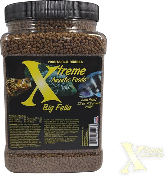 Xtreme Big Fella 3.0mm Pellets: Professional Nutrition for Medium to Large Cichlid/Community Fish - Boost Immune & Digestive Health, Color & Energy, Max Protein Fish Food – USA Farm Grown (35oz) XtremeAquaticFoods
