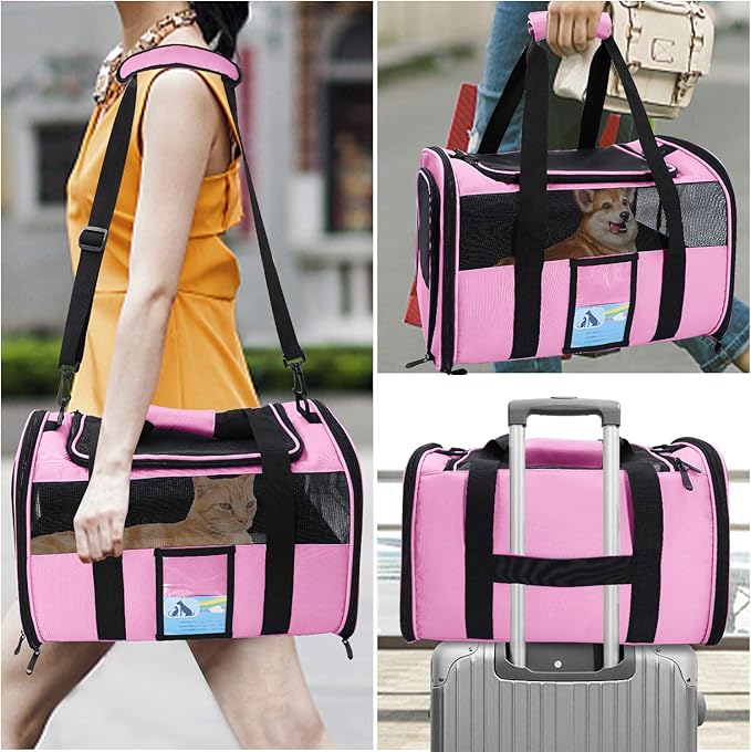 Refrze Pet Carrier Airline Approved, Cat Carriers for Medium Cats Small Cats, Soft Dog Carriers for Small Dogs Medium Dogs, TSA Approved Pet Carrier for Cats Dogs of 15 Lbs, Puppy Carrier,Pink - PAWPICO