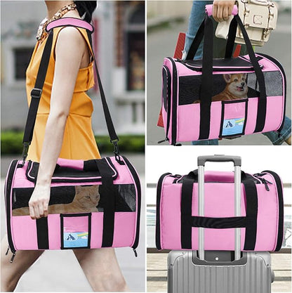 Refrze Pet Carrier Airline Approved, Cat Carriers for Medium Cats Small Cats, Soft Dog Carriers for Small Dogs Medium Dogs, TSA Approved Pet Carrier for Cats Dogs of 15 Lbs, Puppy Carrier,Pink - PAWPICO