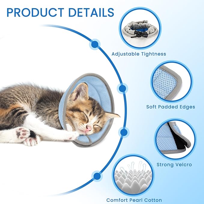 Cat Cone Collar Soft, Cat Recovery Collar Stop Licking After Surgery, Kitten Elizabethan Collar, Adjustable, Lightweight, Comfortable - Blue, S IDOGCHEW