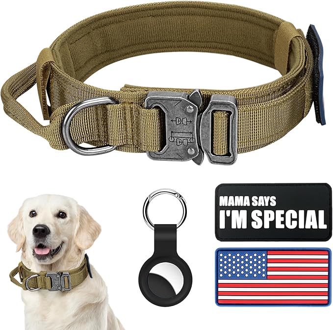 Tactical Dog Collar Military Dog Collar Adjustable Nylon Dog Collar Heavy Duty Metal Buckle with Handle for Dog Training,with Patches (Brown, XL) Celifelight
