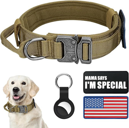 Tactical Dog Collar Military Dog Collar Adjustable Nylon Dog Collar Heavy Duty Metal Buckle with Handle for Dog Training,with Patches (Brown, XL) Celifelight