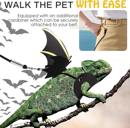 Pawaboo Adjustable Bearded Dragon Harness and Leash, 3 Size Leather Reptile Leash Outdoor Harness Leash with Bat Wings for Lizard Reptiles Amphibians Small Pet, Small/Medium/Large, Black+Gold Pawaboo
