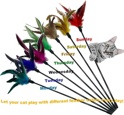 Cat Wand Toy Feather Stick Cat Toys, 7 PCS Cat Feathers Toy Wand, Interactive Cat Toy Feather Wand for Indoor Cats - PAWPICO