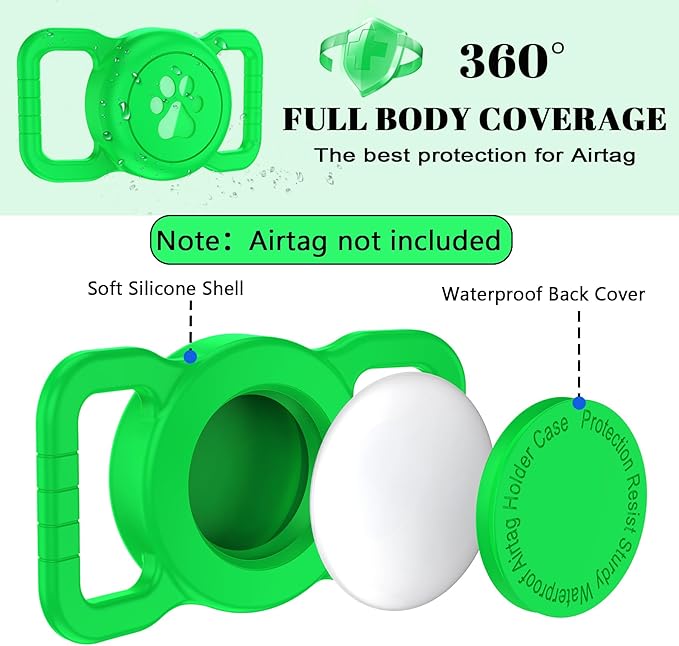 SANKALA Airtag Dog Collar Holder, [1 Pack] Waterproof Dog Airtag Holder, Silicone Full Body Covered Anti-Lost Protective Apple Air Tag Holder for Pet Collar - Fits All Width Collars, Green SANKALA