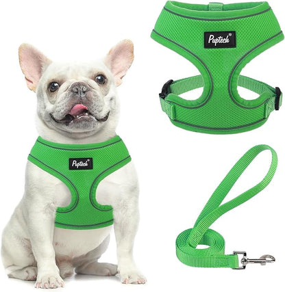 PUPTECK Soft Mesh Dog Harness and Leash Set Pet Puppy Cat Comfort Padded Vest No Pull Harnesses, Solid Green, M PUPTECK