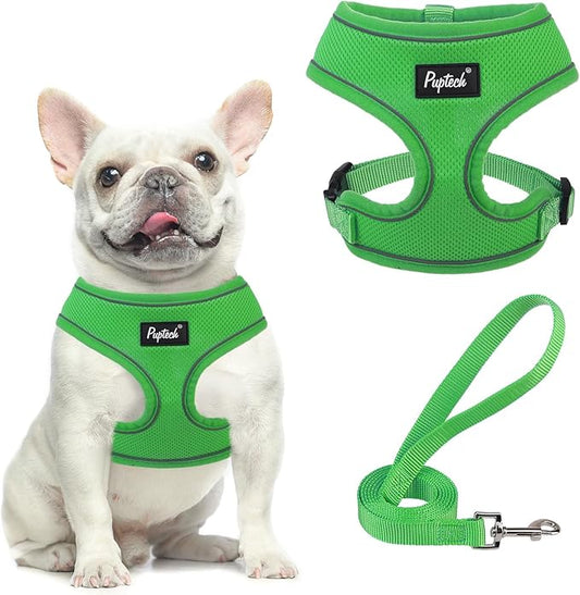 PUPTECK Soft Mesh Dog Harness and Leash Set Pet Puppy Cat Comfort Padded Vest No Pull Harnesses, Solid Green, M PUPTECK