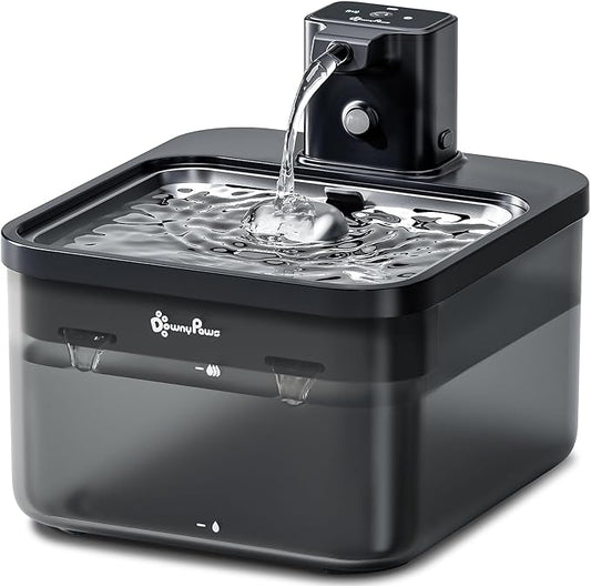 DownyPaws Battery Operated Cat Water Fountain Stainless Steel, 84oz/2.5L Fursink Wireless Pet Water Fountain for Cats Inside, Automatic Cat Waterer Fountain with Faucet, Quiet Pump, BPA-Free, Black - PAWPICO