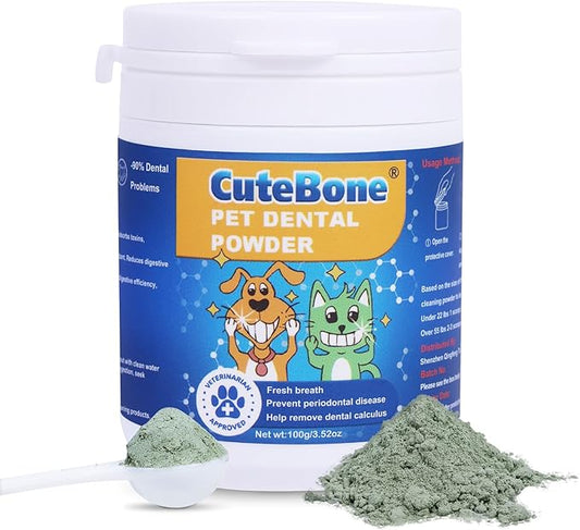 CuteBone Dog Teeth Cleaning Powder - Dog Dental Powder Pet Breath Freshener - Safe & Effective Natural Oral Care Formula Reduces Plaque & Tartar Promotes Healthy Gums Easy-to-Use for Dogs & Cats CuteBone