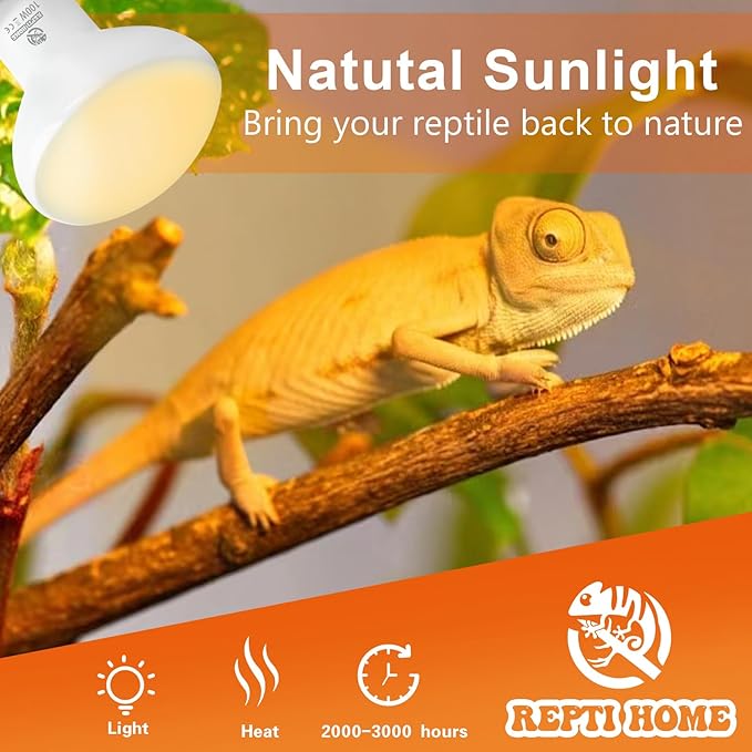 Reptile Heat Lamp Bulbs, Simulate Natural Sunlight Heat Light Bulb, 2 Pack 100W Amphibian Terrarium Basking Spot Lamp for Reptile, Bearded Dragon, Lizard, Turtle, Snake REPTIHOME