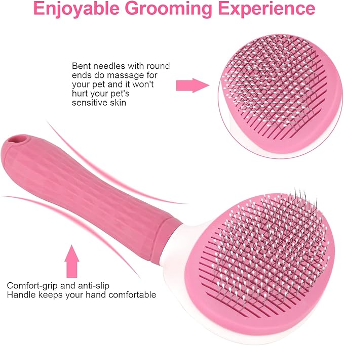 Depets Self Cleaning Slicker Brush, Dog Cat Bunny Pet Grooming Shedding Brush - Easy to Remove Loose Undercoat, Pet Massaging Tool Suitable for Pets with Long or Short Hair Pink - PAWPICO