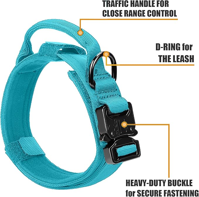 Tactical Dog Collar Military Dog Collar Adjustable Nylon Dog Collar Heavy Duty Metal Buckle with Handle for Dog Training,with Patches (Light Blue 1, L) Celifelight