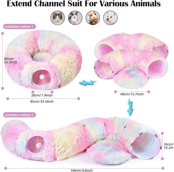 Odoland Cat Tunnels for Indoor Cats with Fluffy Plush Central Cat Couch and 20 Cat Toys, Tunnel Bed for Cats with Hanging Ball, Detachable Soft Mat and Variety Kitty Toy Set, Pink - PAWPICO
