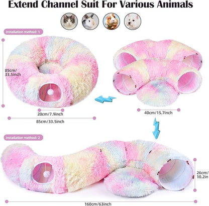 Odoland Cat Tunnels for Indoor Cats with Fluffy Plush Central Cat Couch and 20 Cat Toys, Tunnel Bed for Cats with Hanging Ball, Detachable Soft Mat and Variety Kitty Toy Set, Pink - PAWPICO