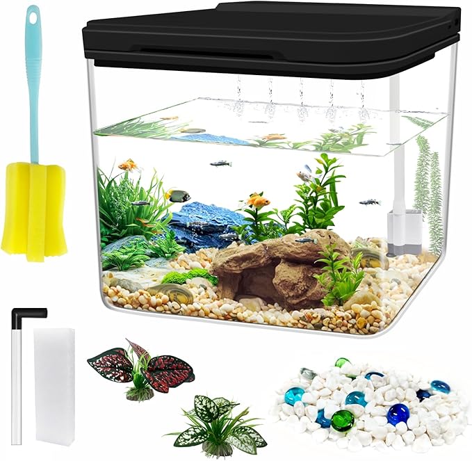 0.8 Gallon Small Fish Tank Kit, Aquarium Starter Kit with Super-Quiet Water Pump, Rain Filtration, Self Cleaning Filtration, LED Light, Easy Changing Water (Black) Moonorange