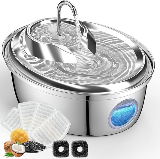 ORSDA Cat Water Fountain, Stainless Steel Water Fountains for Cats Indoor, 118oz/3L Automatic Pet Fountain Water for Cats and Small Dog for Drinking - Water Level Window & Faucet 4 PCS Filters (D66-F) - PAWPICO