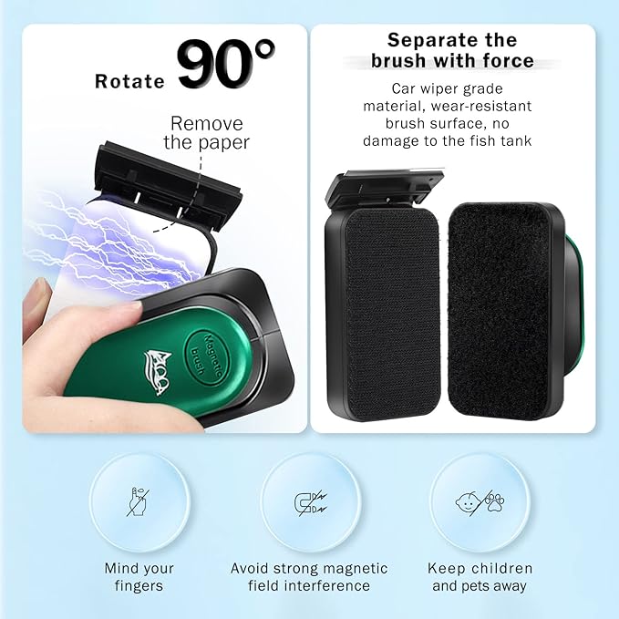 AQQA Aquarium Strong Magnetic Cleaner Brush, Fish Tank Glass Algae Magnet Cleaning Tool Floating Cleaner Scrubber Brush with 2 Detachable Scraper (Green,L) AQQA