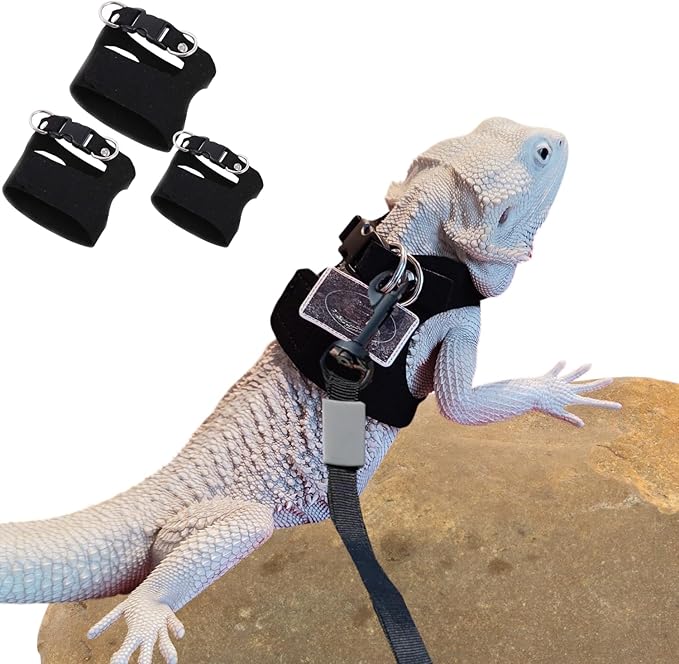 3 Pack Bearded Dragon Harness and Leash Set - Adjustable Soft Leather Lizard Harness with Retractable Leash Small Animal Traction Rope Walking Vest Accessories for Reptile Squirrel Rat (Black) SEZDEKI