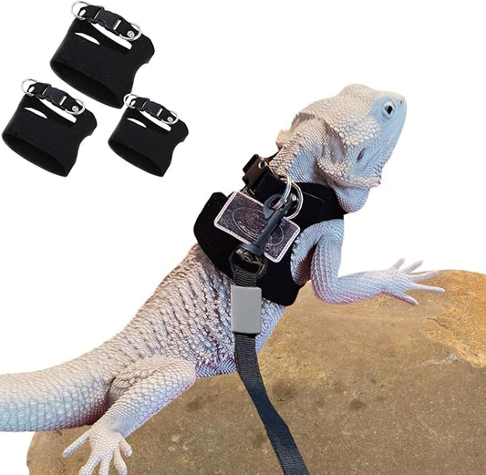 3 Pack Bearded Dragon Harness and Leash Set - Adjustable Soft Leather Lizard Harness with Retractable Leash Small Animal Traction Rope Walking Vest Accessories for Reptile Squirrel Rat (Black) SEZDEKI