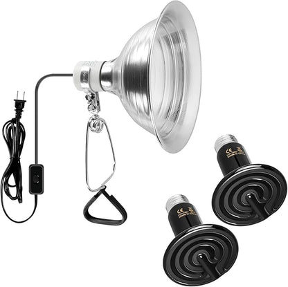 Simple Deluxe 2-Pack 75W Ceramic Reptile Heat Lamp Bulb & 150W Clamp Light with 8.5" Aluminum Reflector Combo for Amphibian Pets SimpleDeluxe