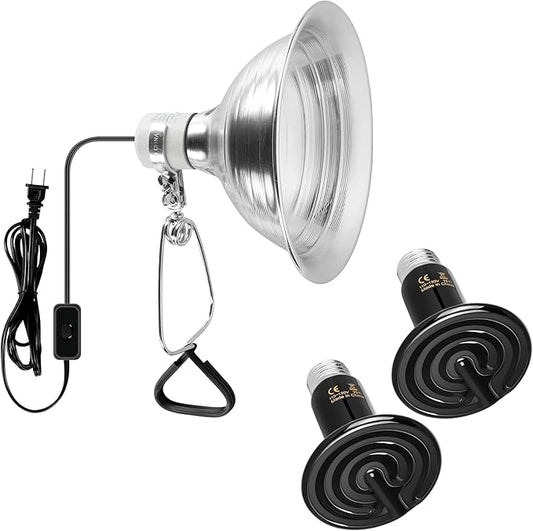 Simple Deluxe 2-Pack 75W Ceramic Reptile Heat Lamp Bulb & 150W Clamp Light with 8.5" Aluminum Reflector Combo for Amphibian Pets SimpleDeluxe