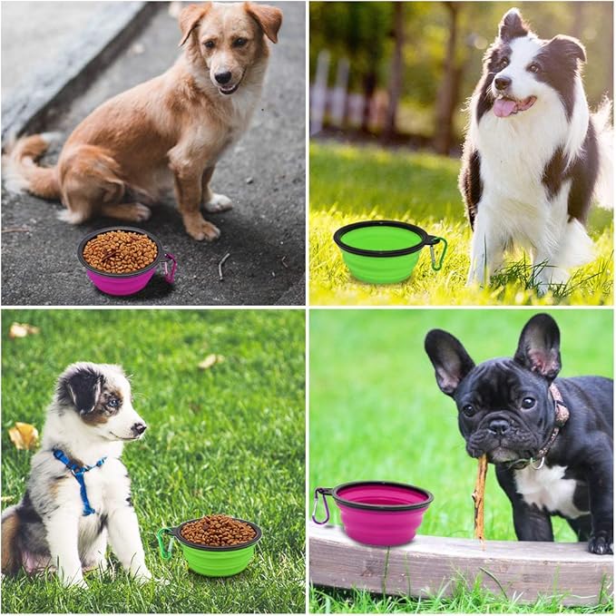 Dog Bowl Pet Collapsible Bowls, 2 Pack Collapsible Dog Water Bowls for Cats Dogs, Portable Pet Feeding Watering Dish for Walking Parking Traveling with 2 Carabiners (Small, Green+Purple) - PAWPICO