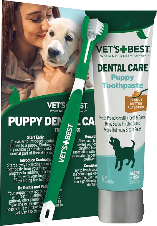 Vet’s Best Puppy Dental Kit – Toothbrush & Toothpaste for Puppies – Helps Soothe Irritated Gums During Teething, Freshens Breath, Prevent Plaque & Tartar - Natural Peanut Butter Flavor VetsBest