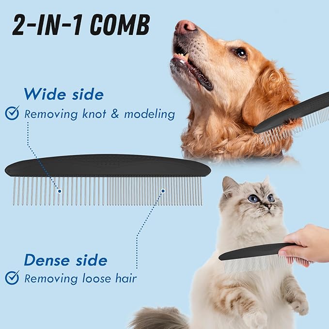 Pet Grooming Combo: Undercoat Rake, Dematting Deshedding Brush for Long-Haired Dogs and Cats, Black - PAWPICO