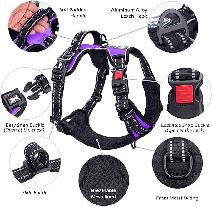 PoyPet Dog Harness No Pull, Reflective Adjustable No Choke Pet Vest with Front & Back Clips, Soft Padded and Control Training Handle for Large Dogs(Purple,XL) PoyPet