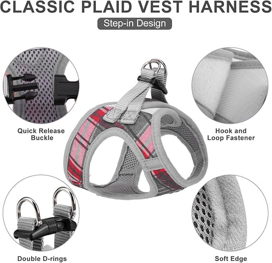 EXPAWLORER Classic Plaid Puppy Harness - Dog Collar and Leash - Soft Mesh Padded Adjustable Step in Small Dog Vest Harness No Pull, Reflective Escape Proof for Outdoor Walking, Grey Small EXPAWLORER