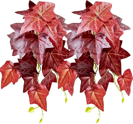 Woyrise 2 Pack Reptile Plants for Terrarium, Amphibian Habitat Decor Artificial Hanging Plants with Suction Cup for Gecko Lizard Snake Chamelon - Fake Red Ivy Woyrise