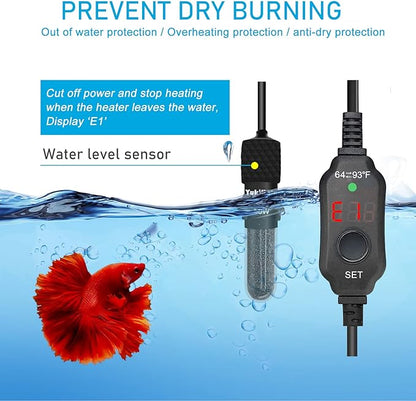 YukiHalu Small Submersible Aquarium Heater, Adjustable Mini Fish Tank Heater 25W 50W 100W 200W 300W with External Temperature Controller, LED Display, Used for 5/10/20/40/60 Gallons (25 Watts) YukiHalu