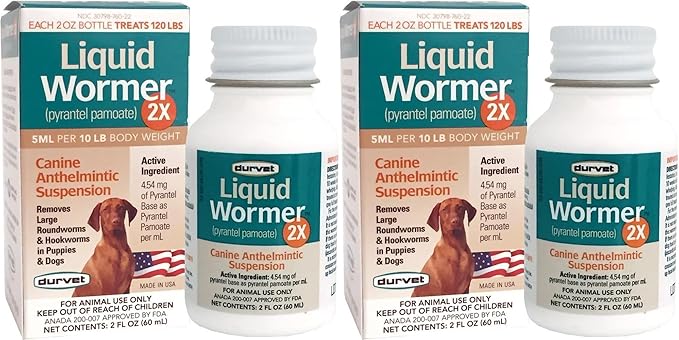 Durvet 2X Liquid Wormer, 2 oz, for Puppies and Adult Dogs - Pack of 2 Durvet