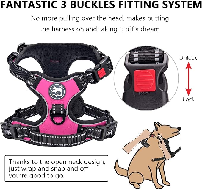 PoyPet No Pull Dog Harness, No Choke Front Lead Dog Reflective Harness, Adjustable Soft Padded Pet Vest with Easy Control Handle for Small to Large Dogs(Pink,XS) PoyPet